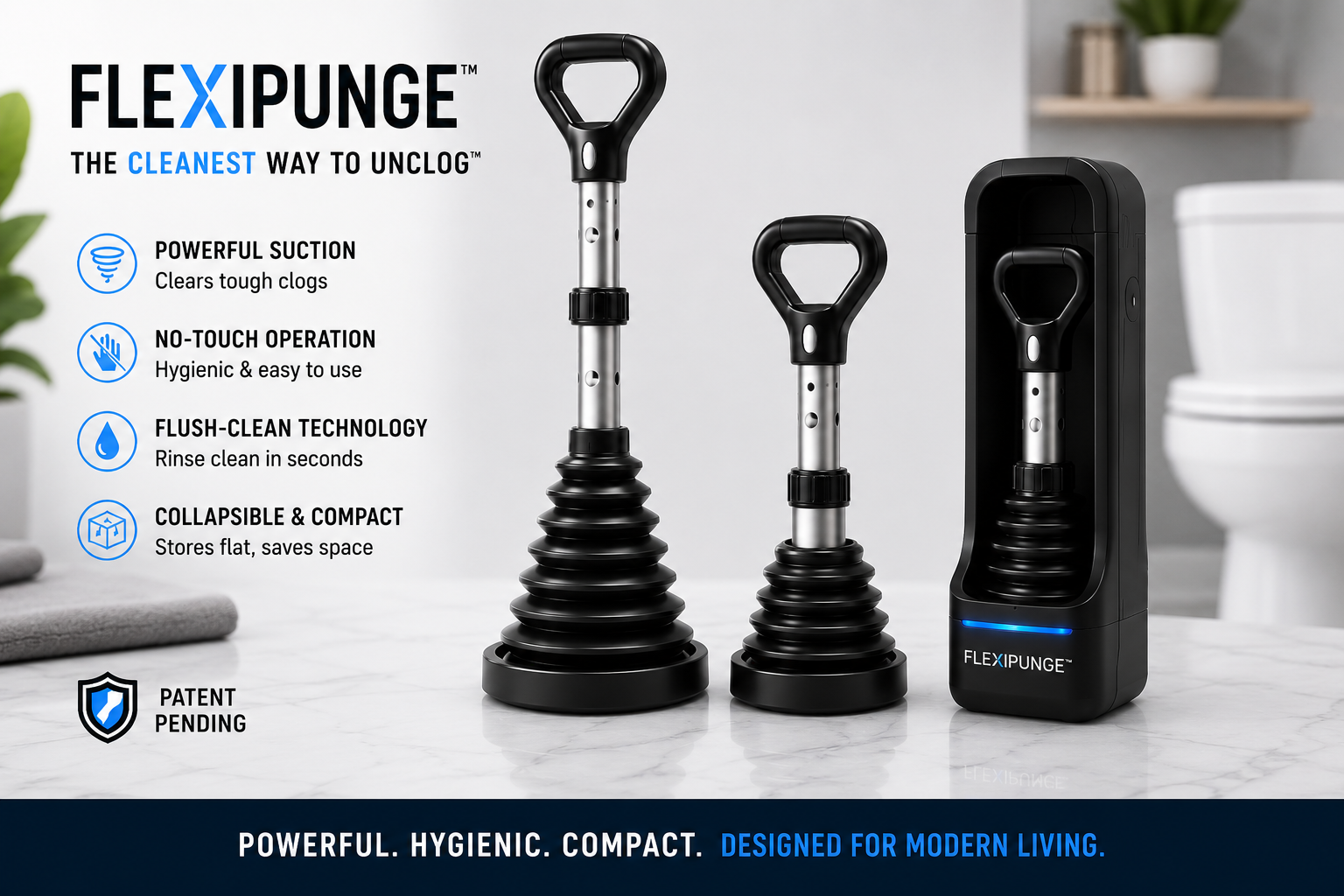 FlexiPunge collapsible plunger with hygienic storage dock