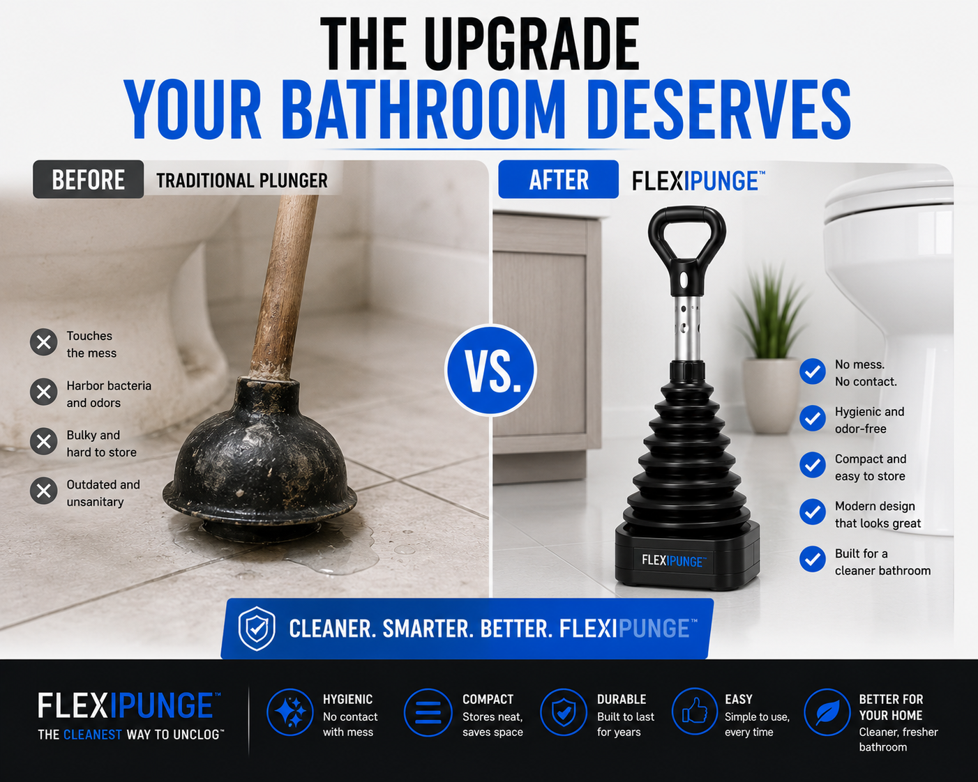 FlexiPunge next to a traditional plunger